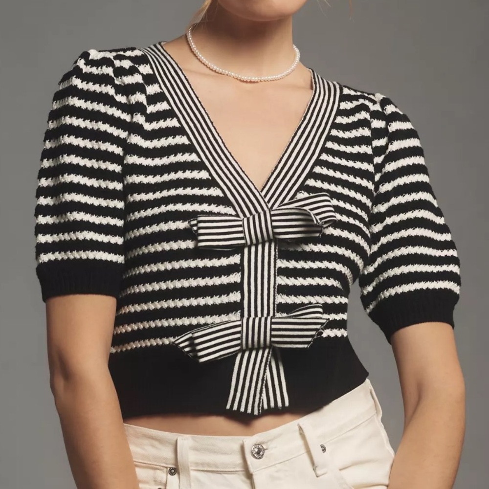 Maeve Short-Sleeve Striped Bow Cardigan Sweater